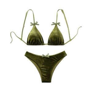 Goth Olive Green Velvet Bikini Set XL